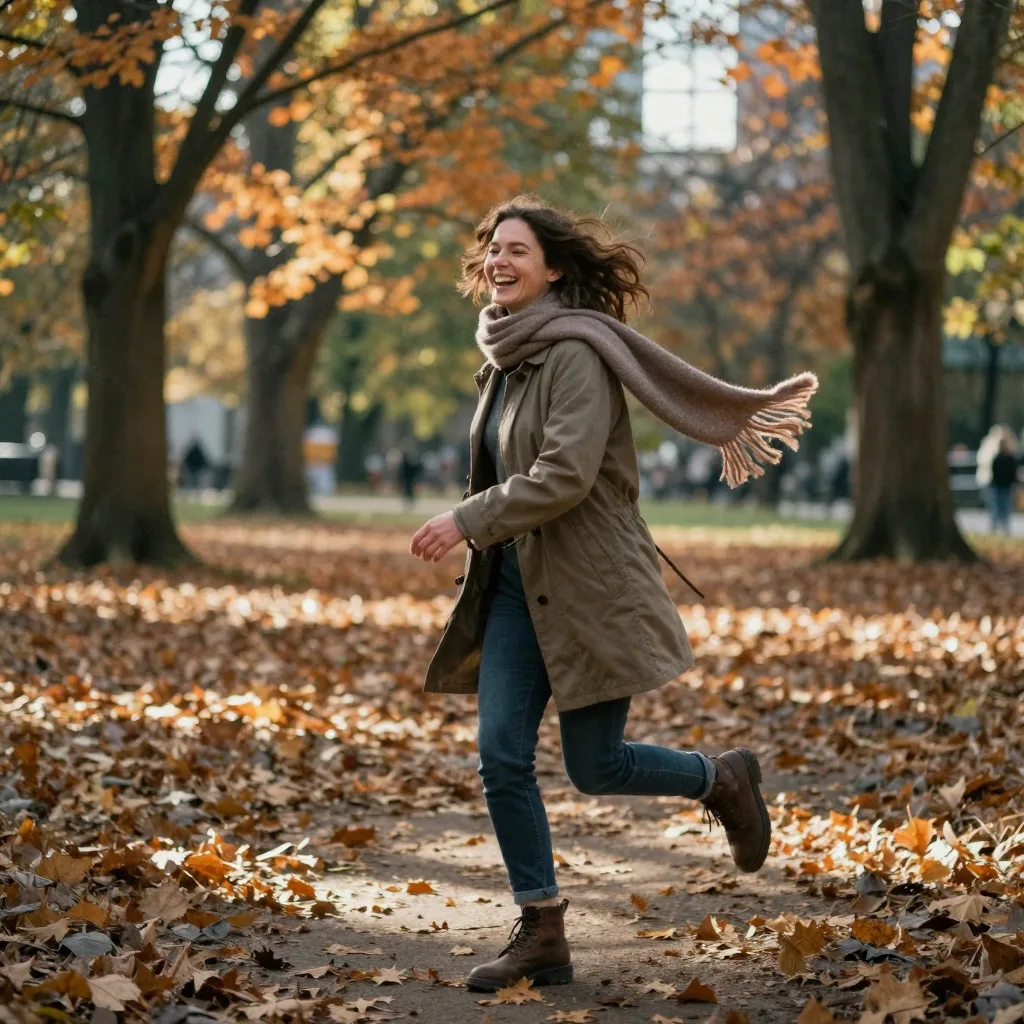 A woman laughing mid-stride through an autumn park, scarf trailing, dappled sunlight through orange leaves, dynamic candid moment