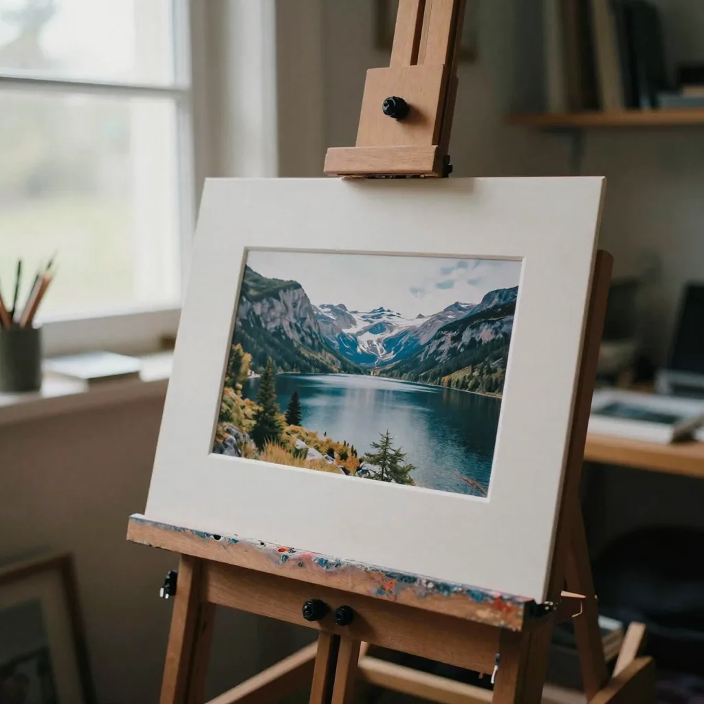 A framed printed photograph of a mountain lake propped on a wooden easel, soft window light suggesting it could spring into motion, quiet st