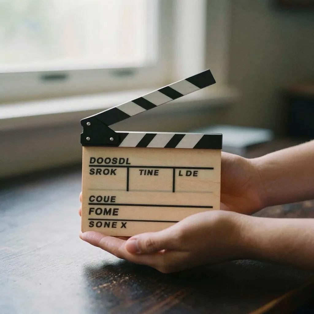A filmmaker's hands cupped around a small physical clapperboard-shaped block of wood, no markings, dramatic side light on a dark tabletop