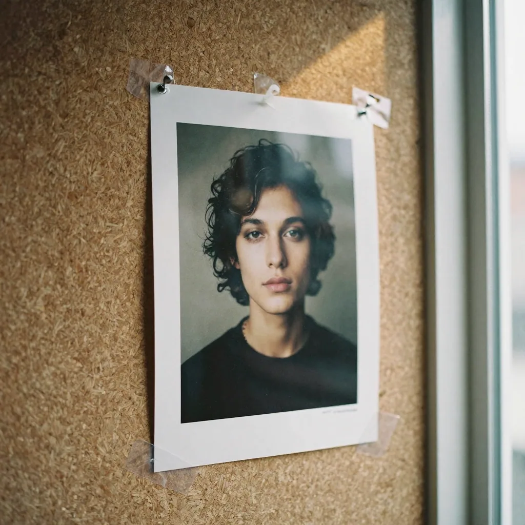 A single glossy portrait print pinned to a cork wall beside strips of clear film, warm lamp light raking across the textured surface