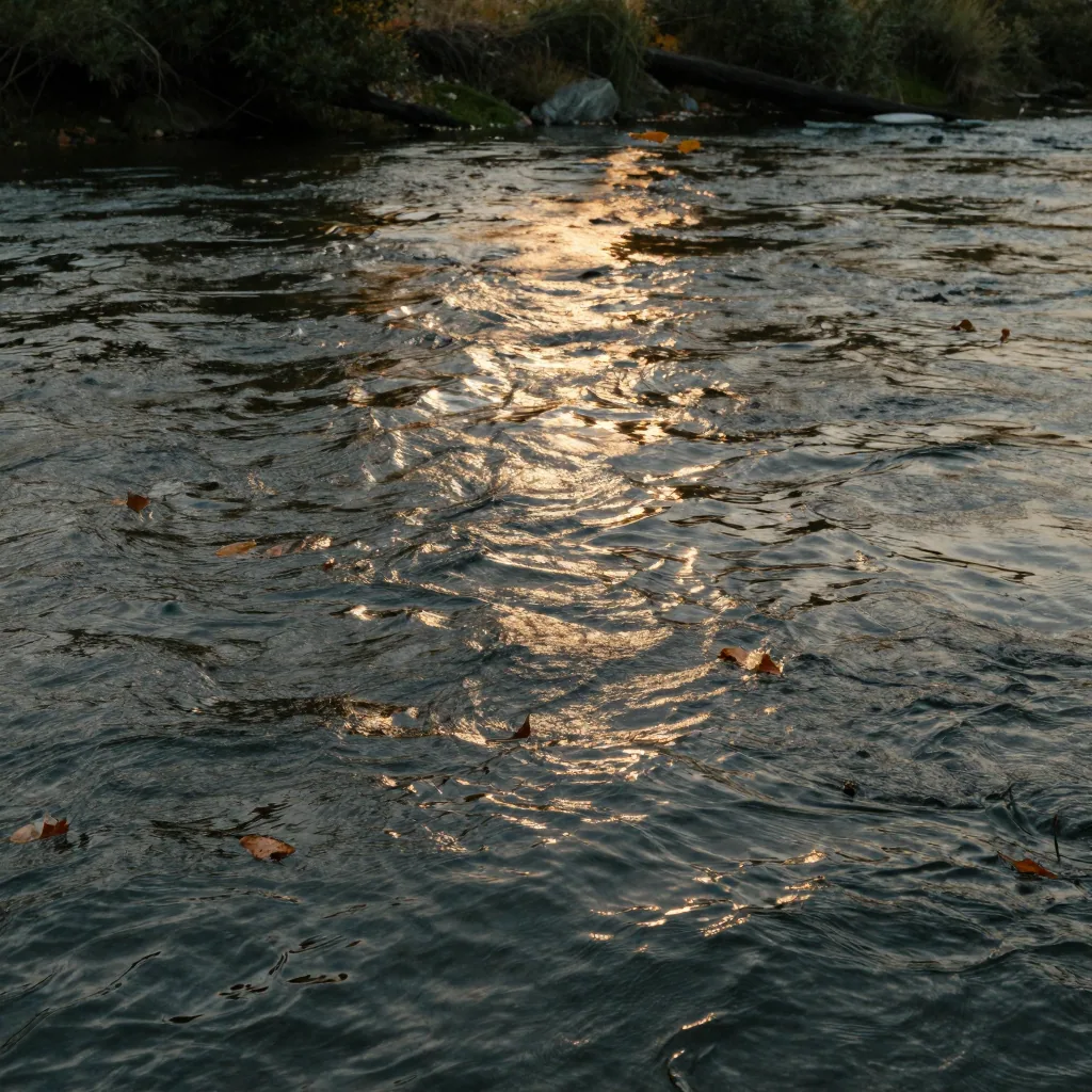 A slow river at golden hour with rippling water and drifting leaves, cinematic wide landscape, warm reflections on the moving surface