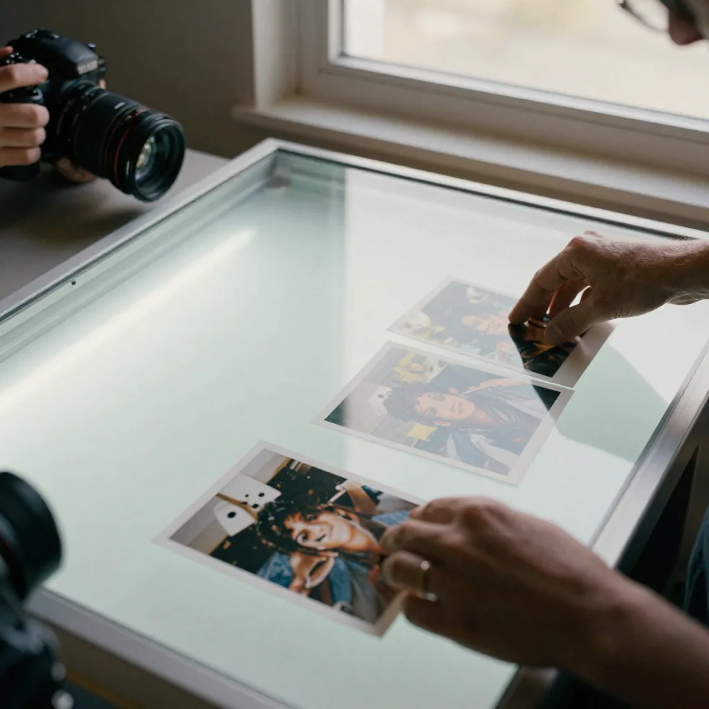 A photographer arranging several loose printed still photos on a light table, fanning them into a sequence, cool overhead glow on the froste