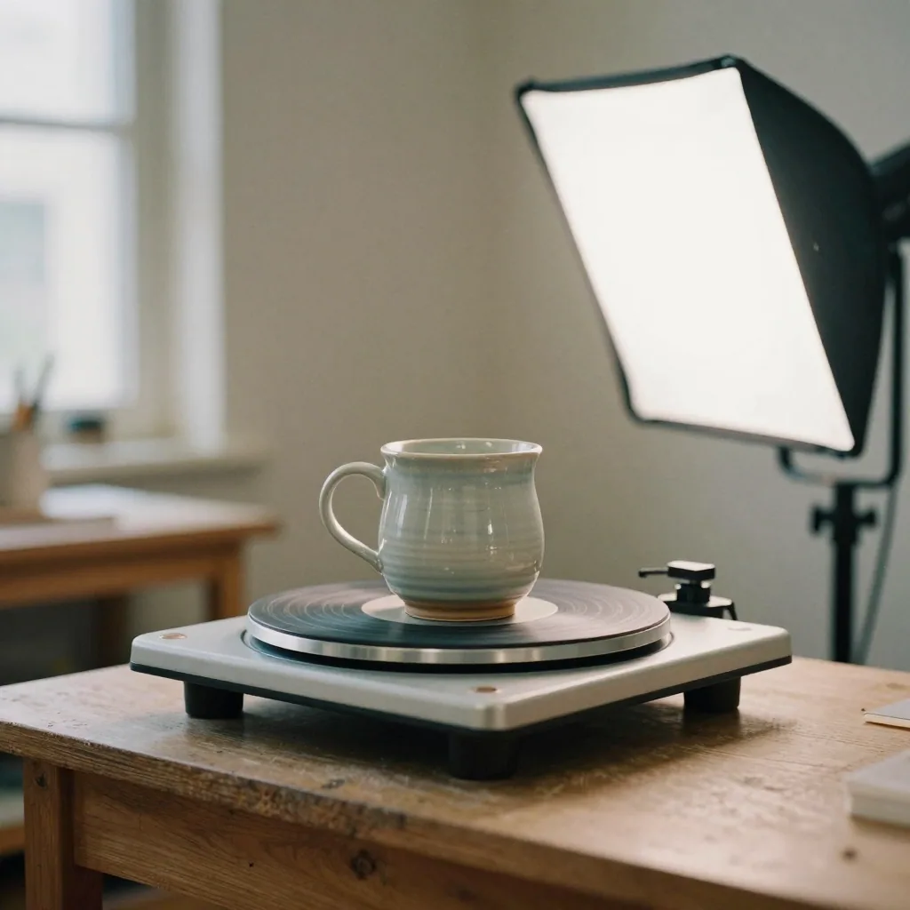 A ceramic coffee mug rotating on a small motorized turntable atop a wooden studio bench, a softbox lighting its glazed surface, seamless neu