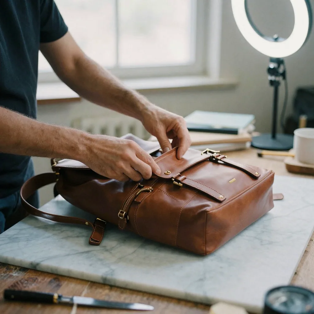 Hands in a small studio arranging a leather backpack on a marble slab, adjusting a folded flap while a ring light casts even glow across the