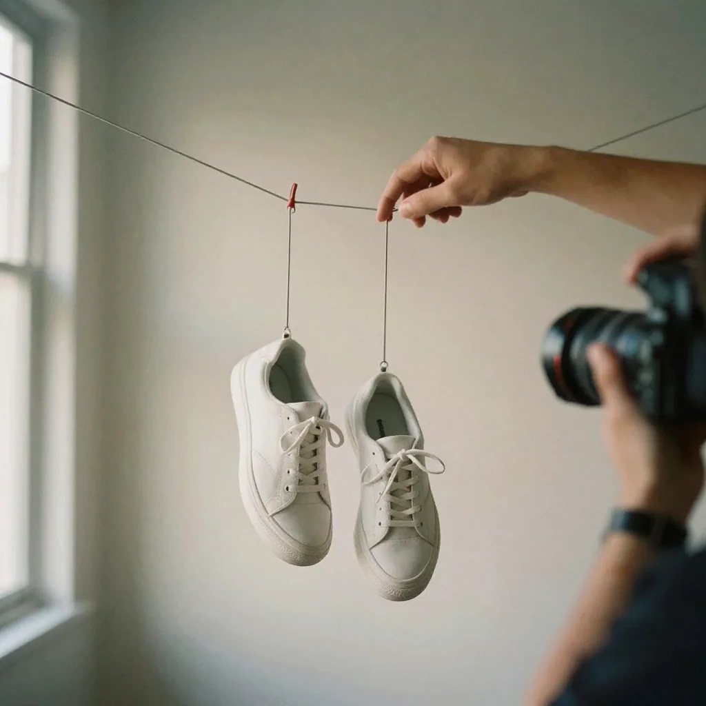 A pair of white sneakers suspended on thin wires against a soft gradient background, a photographer's hand steadying a boom above them