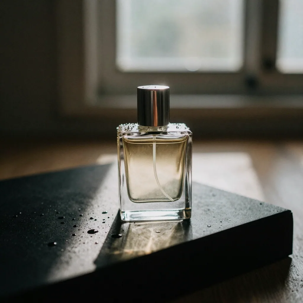 A glass perfume bottle catching a sharp beam of directional light on a black acrylic surface, water droplets beading on the polished shoulde
