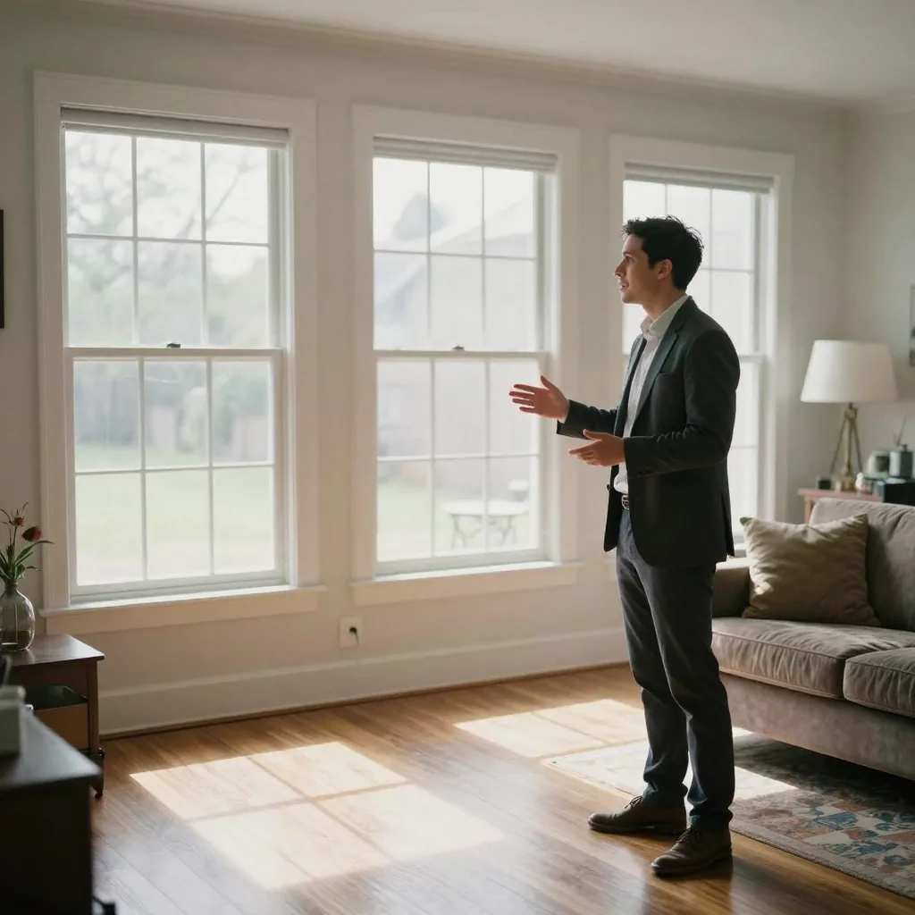 A real estate agent in a blazer stands in a bright staged living room, gesturing toward tall windows during a walkthrough, late morning sun 