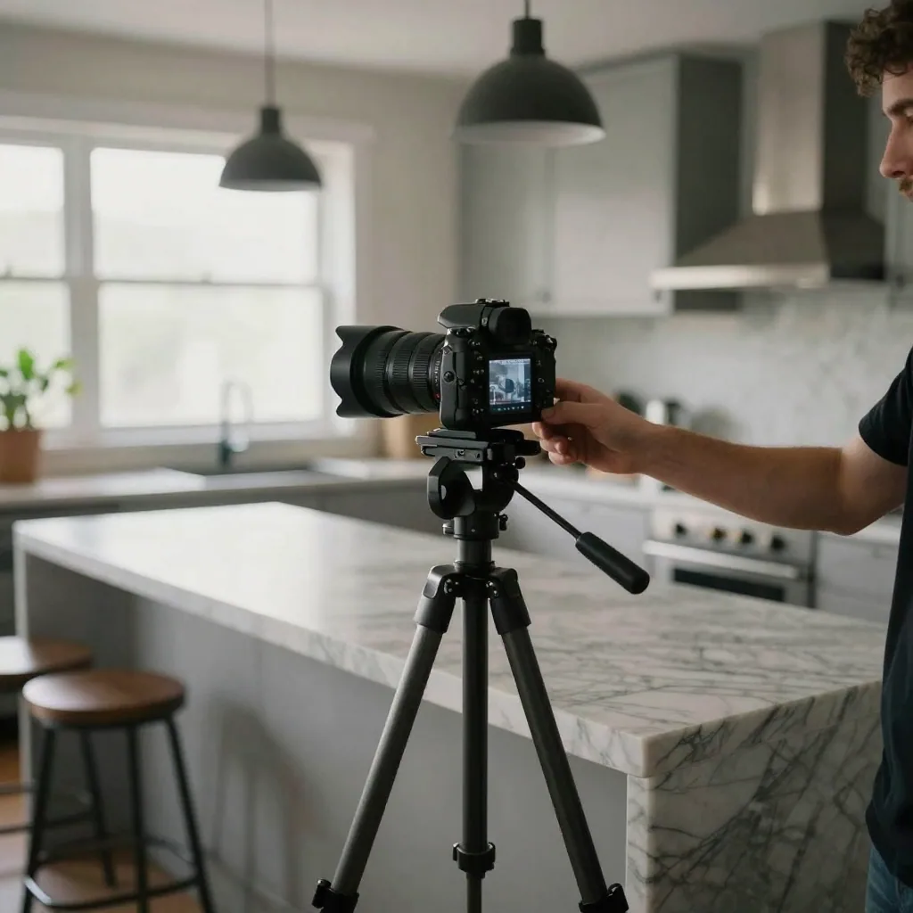 A tripod-mounted camera set up in an empty modern kitchen, an agent's hand steadying it while framing marble countertops and pendant fixture