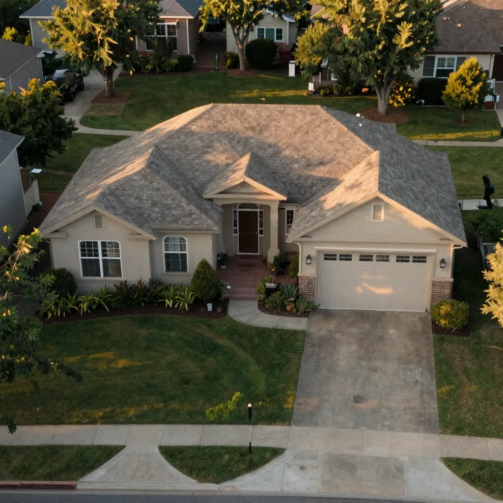 Aerial view of a suburban house with a manicured lawn and a curved driveway, warm golden-hour light raking across the roof and front garden