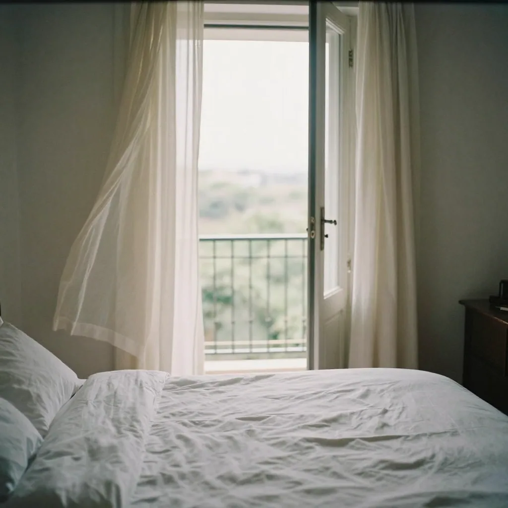 A staged bedroom with crisp white linens and an open balcony door, soft afternoon light and sheer curtains lifting in a breeze, no clutter