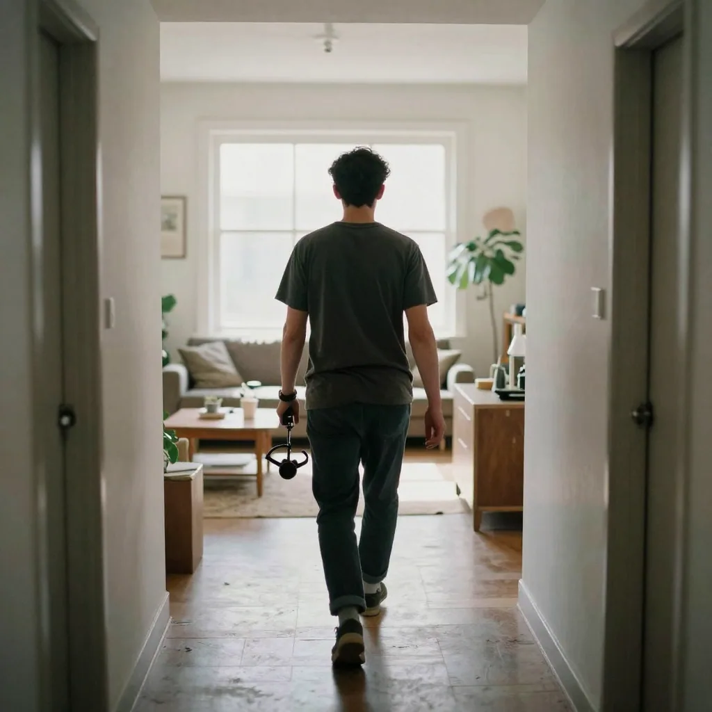 An agent walking backward down a hallway holding a stabilizer gimbal, capturing a smooth reveal of a sunlit open-plan lounge behind them