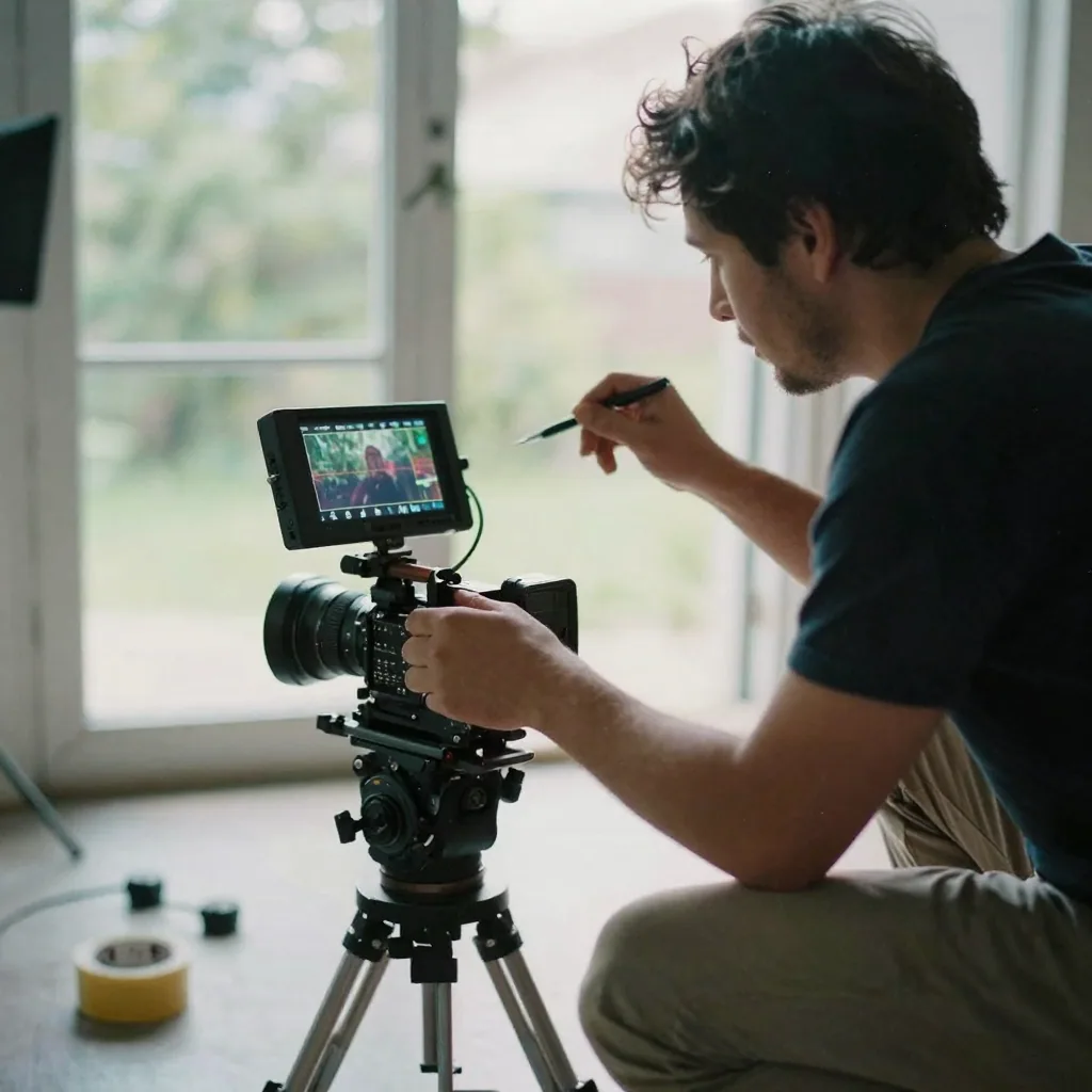 A videographer reviewing footage on a small camera monitor's back panel while crouched on a film set, gaffer tape and a follow-focus rig nearby