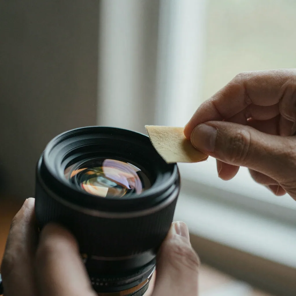 Extreme close-up of a hand cleaning a camera sensor with a swab, dust particles catching the light, shallow depth of field