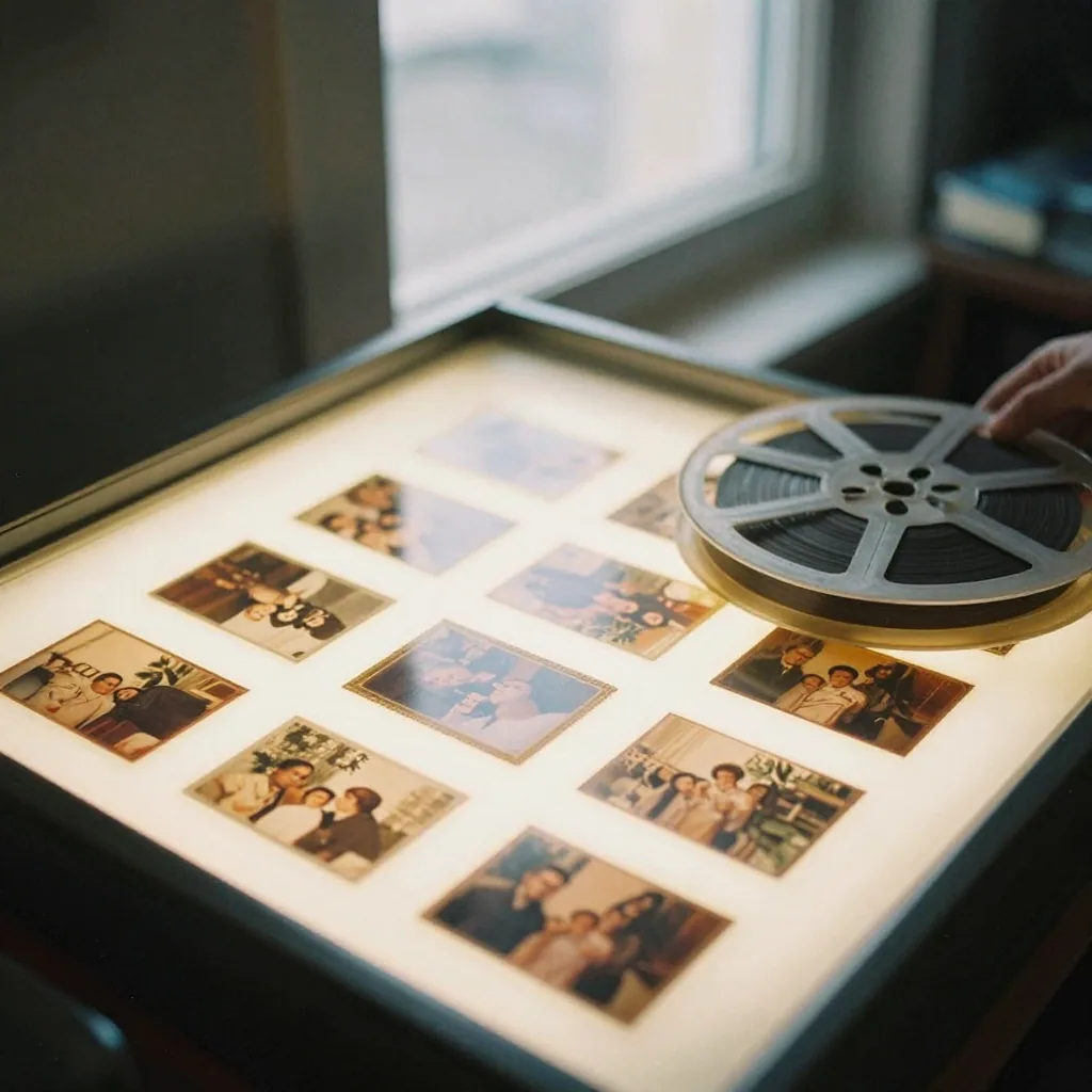 A restored vintage film reel unspooled across a light table, individual frames of an old family scene faintly visible, warm backlight