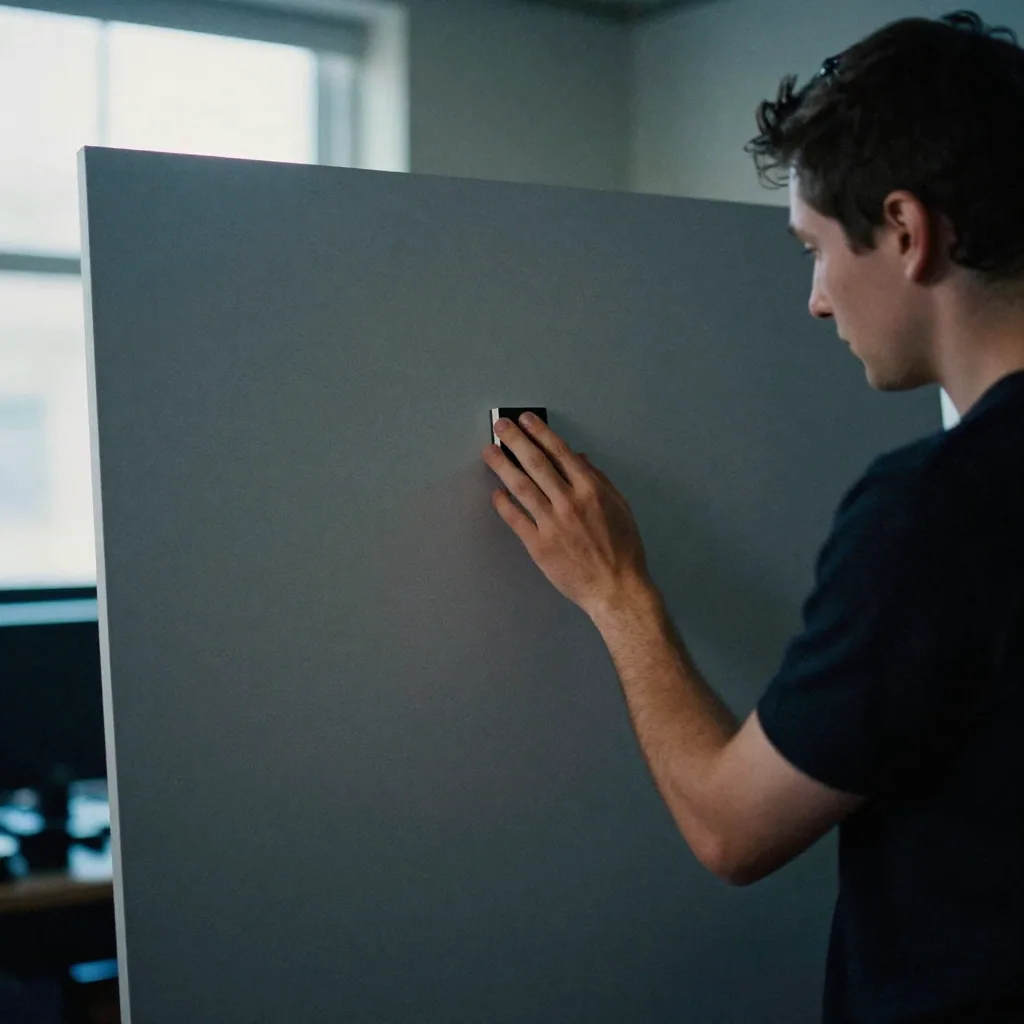 A colorist's darkened editing suite with a calibration puck resting on a blank grey reference wall panel, soft ambient blue glow
