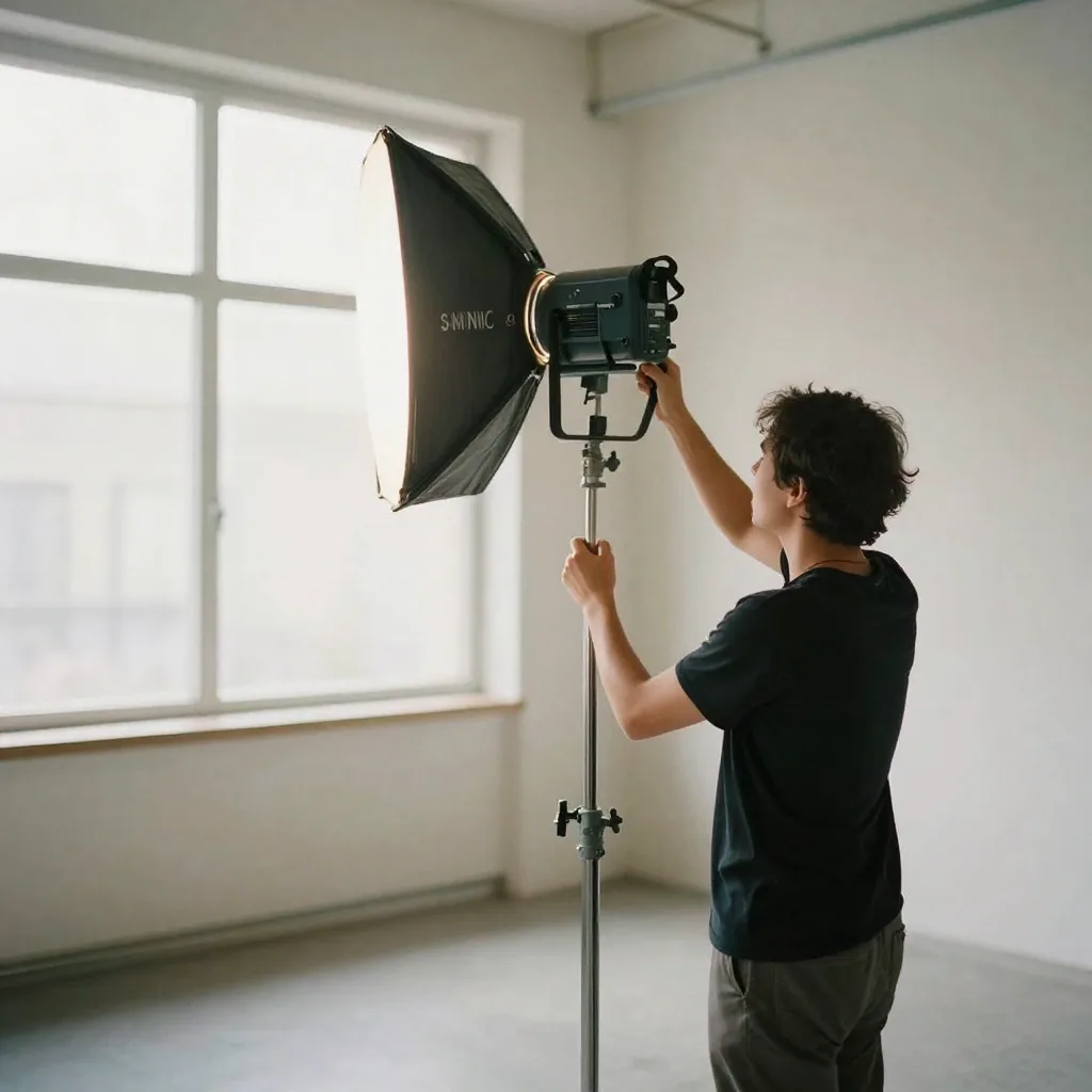 A cinematographer adjusting a large HMI light on a stand in a studio, diffusion frame casting soft even light across an empty set