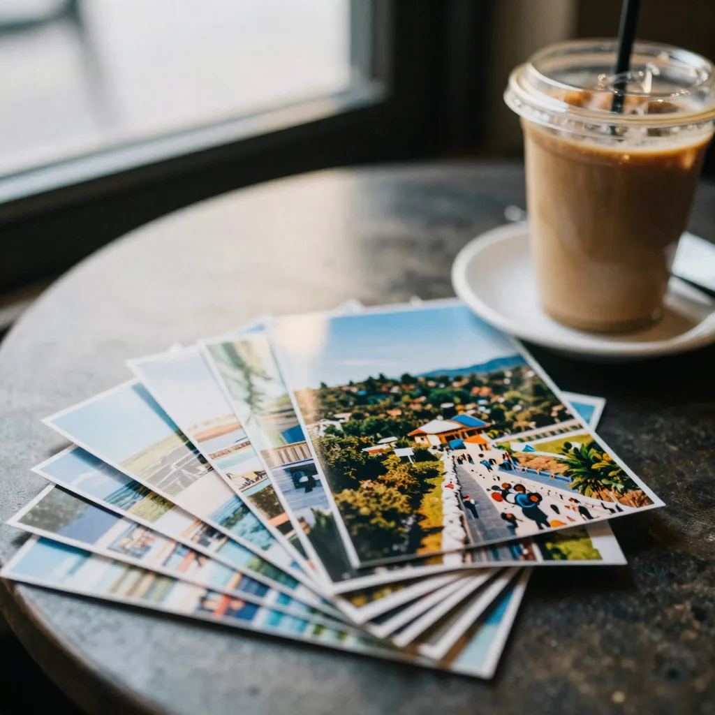 A pile of glossy printed travel photos fanned across a cafe table beside a cold coffee, afternoon light raking over the stack of memories