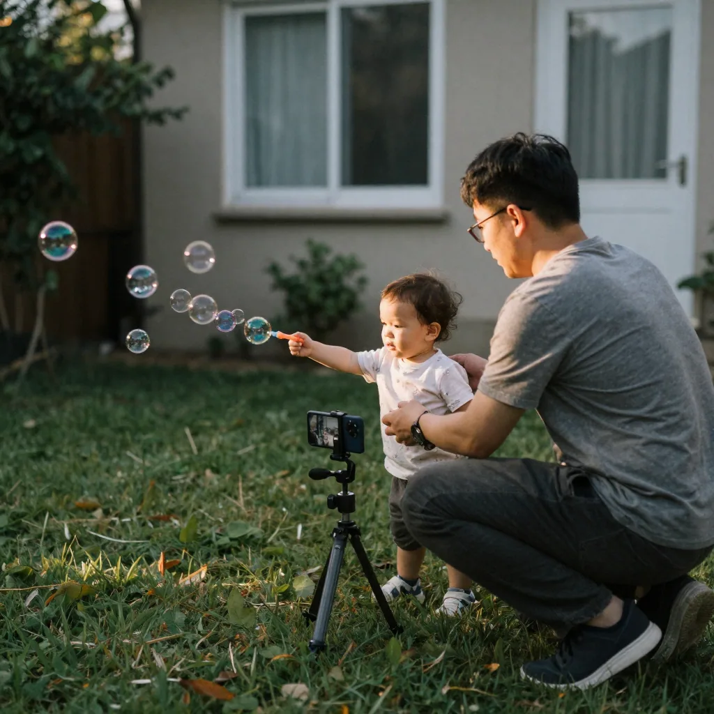 A parent kneeling in a backyard filming a toddler chasing bubbles with a phone on a small tripod, warm late-day sun, screen angled away from