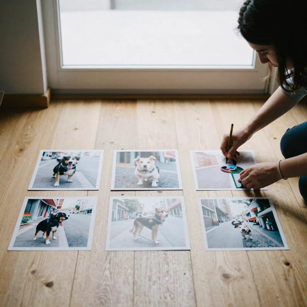 A small business owner laying out product shots, pet photos, and street snaps side by side on a light wooden floor, arranging them into a se