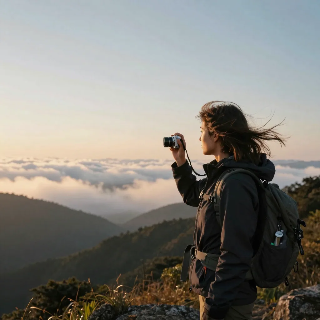 A hiker at a mountain overlook holding a compact camera at arm's length, wind in her hair, a valley of clouds glowing gold below at sunrise