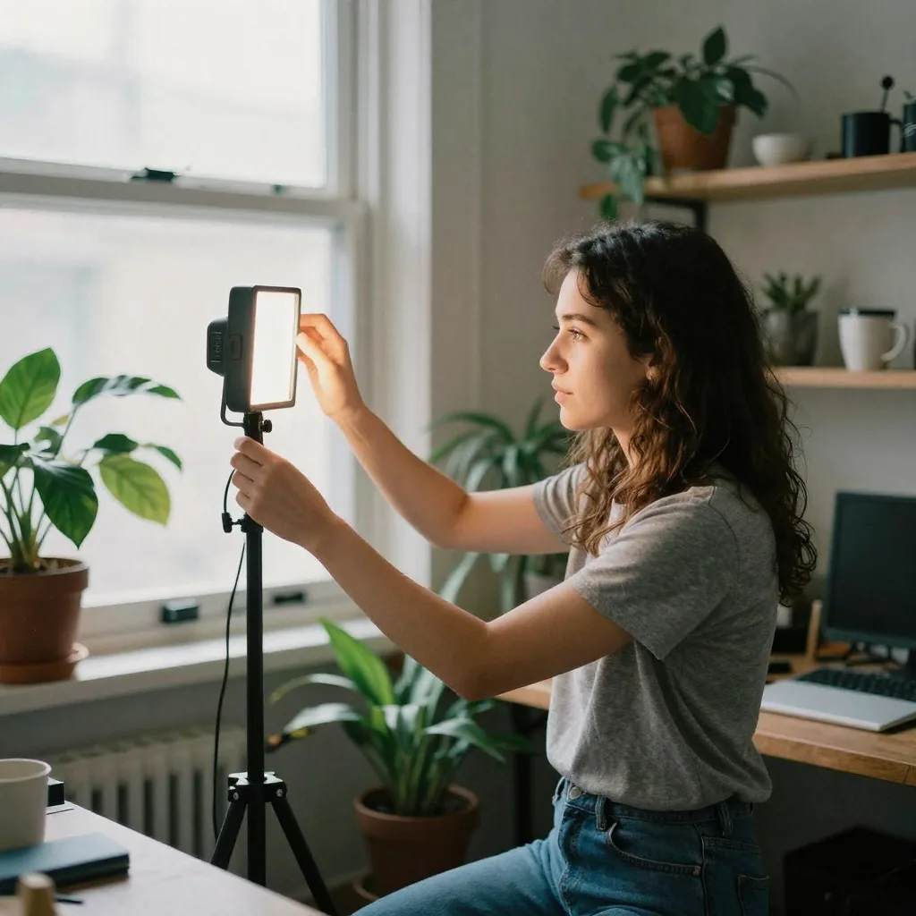 A young woman in a sunlit home studio adjusting a small on-camera LED light on a tripod, softbox glowing beside her, houseplants and a coffe