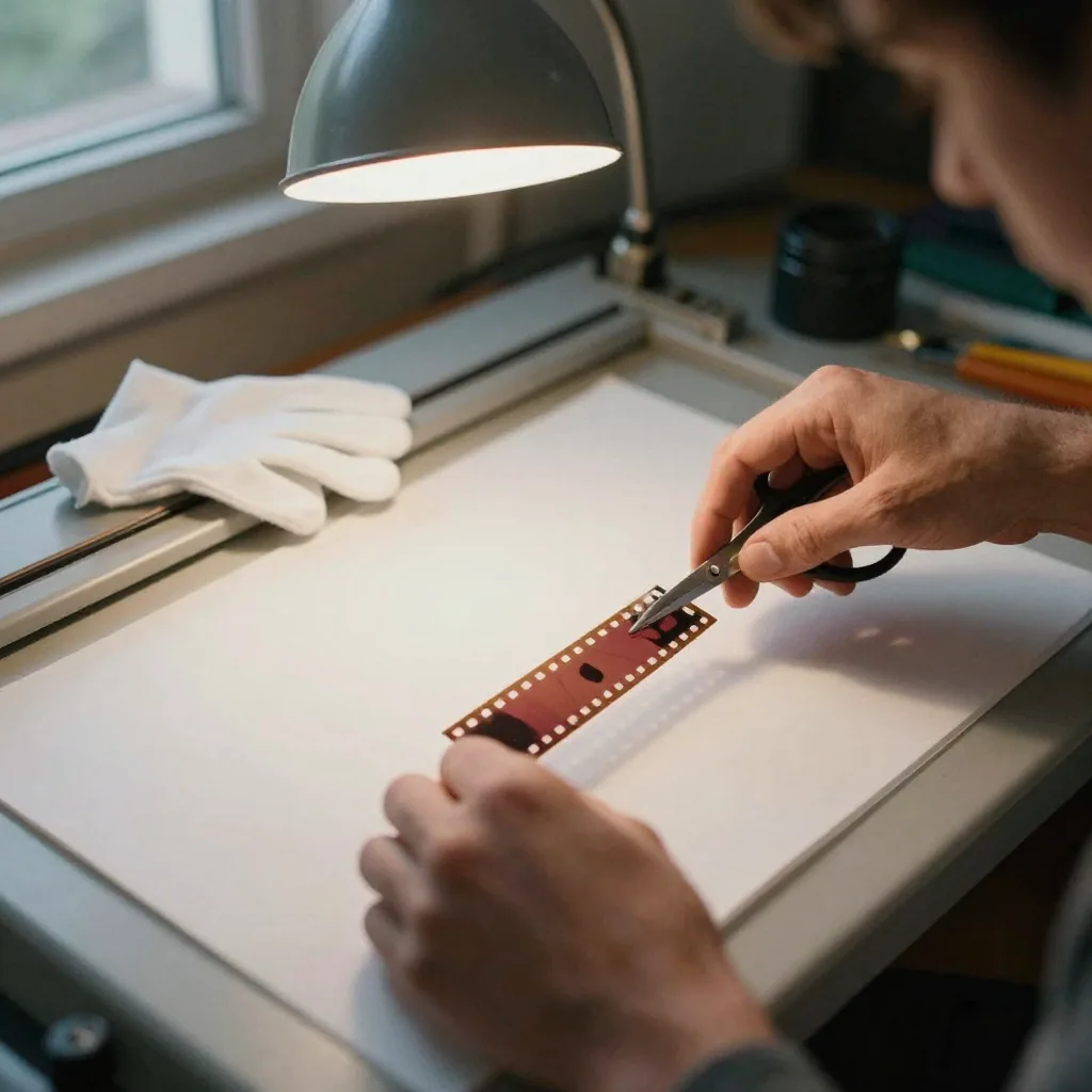 Close-up of hands trimming a strip of physical 16mm film over a light table, scissors and a clean cotton editing glove resting nearby, warm 