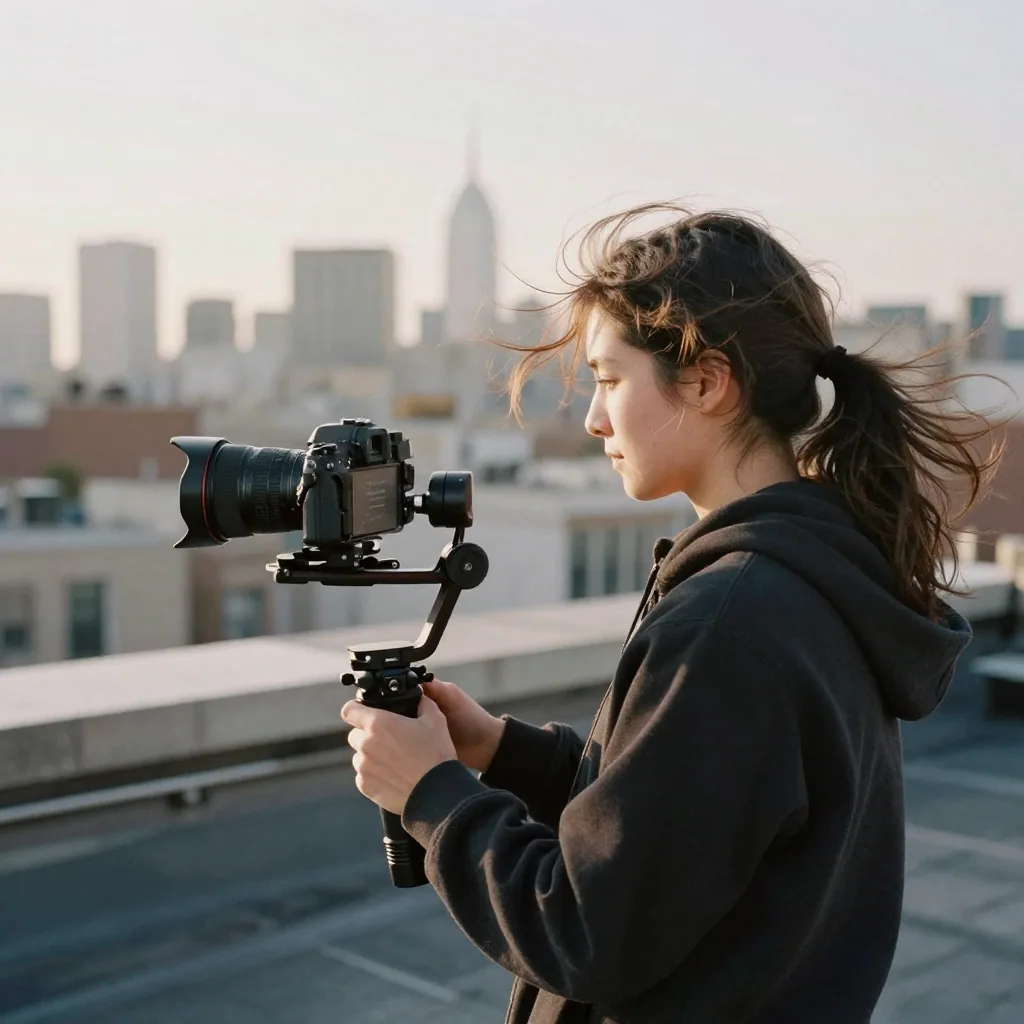 A filmmaker outdoors at golden hour steadying a gimbal-mounted mirrorless camera on a city rooftop, wind in her hair, skyline blurred behind