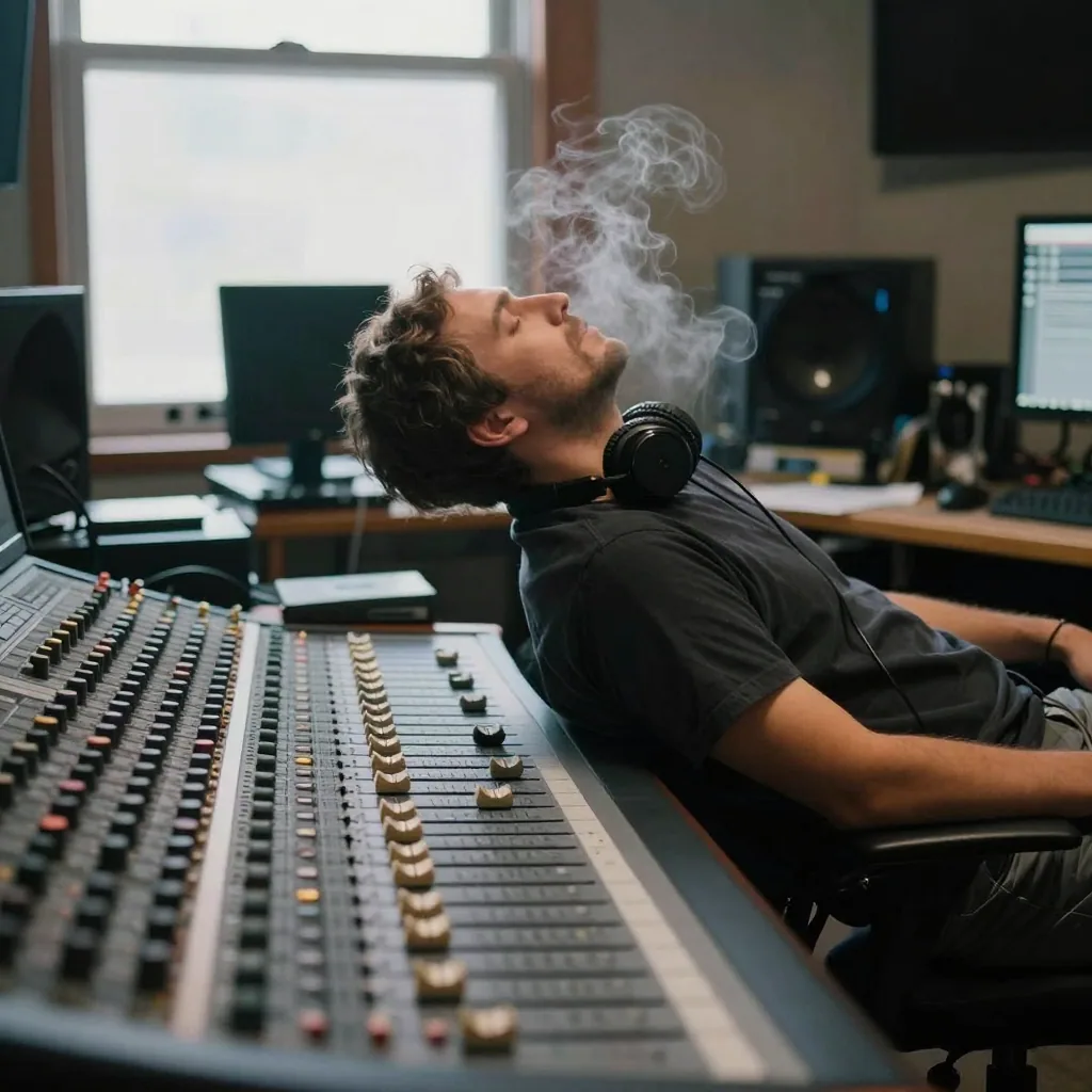 An editor leaning back in a dim studio at night, headphones around his neck, coffee steam rising, a mixing console with rows of unlit faders
