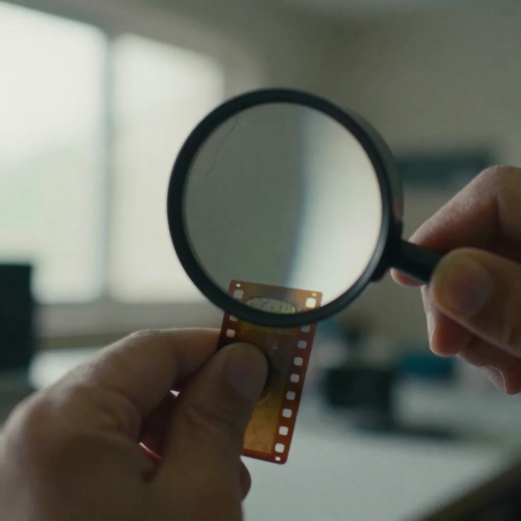 Extreme close-up of a technician's magnifying loupe over a strip of old film, individual grain and fine detail sharpening under bright bench