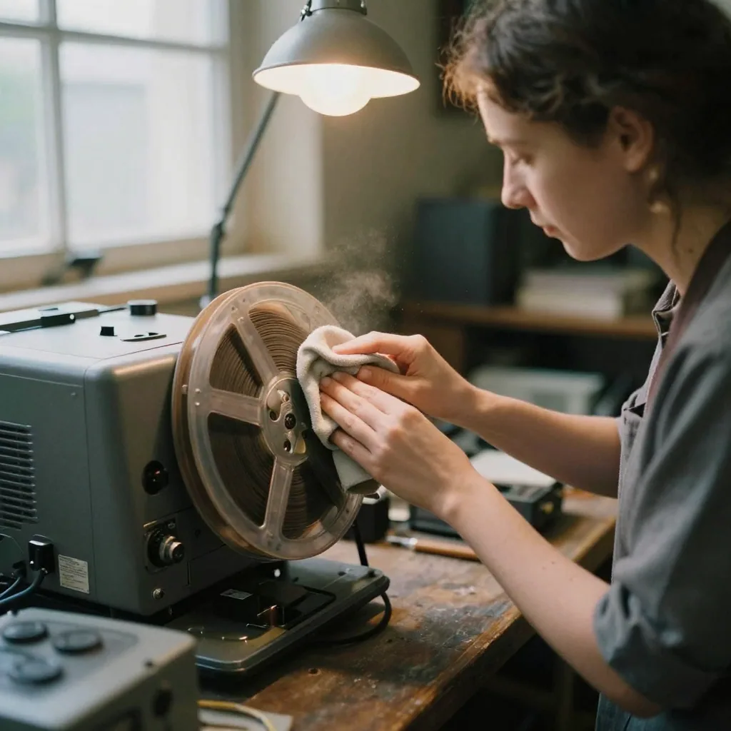 A restorer gently wiping dust from a vintage projector reel with a soft cloth, dim archive room, warm lamp catching the celluloid sheen