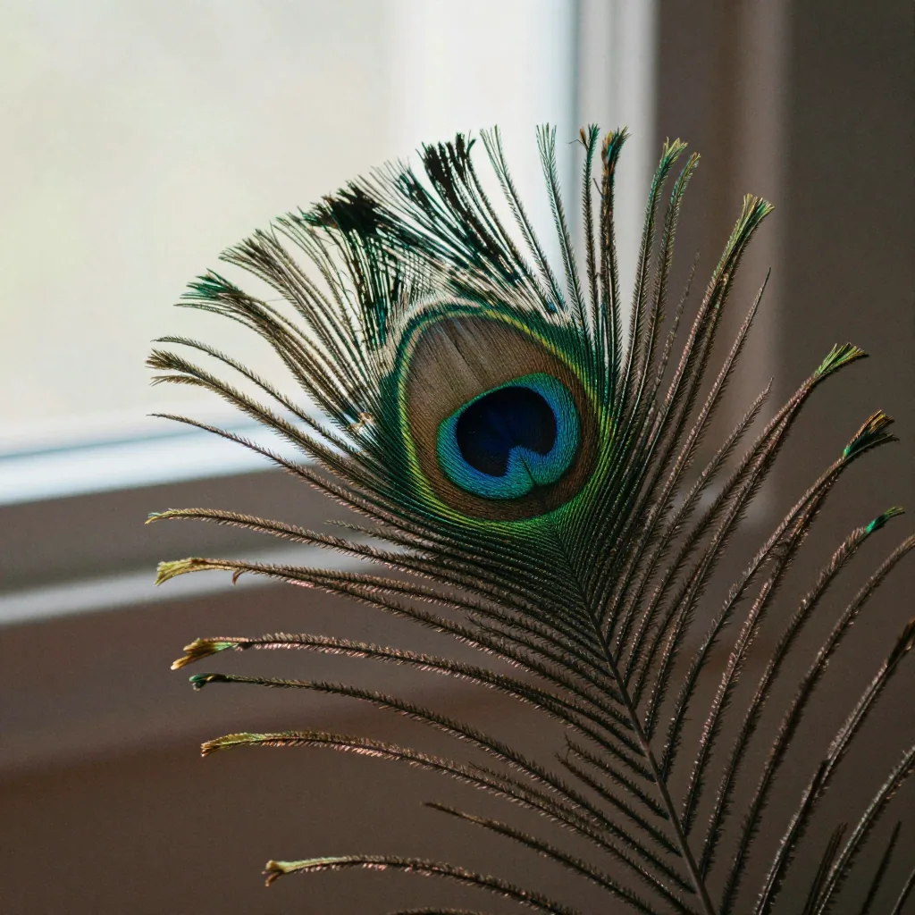 A crisp macro shot of a peacock feather with every barb razor-sharp, iridescent blues and greens catching directional studio light
