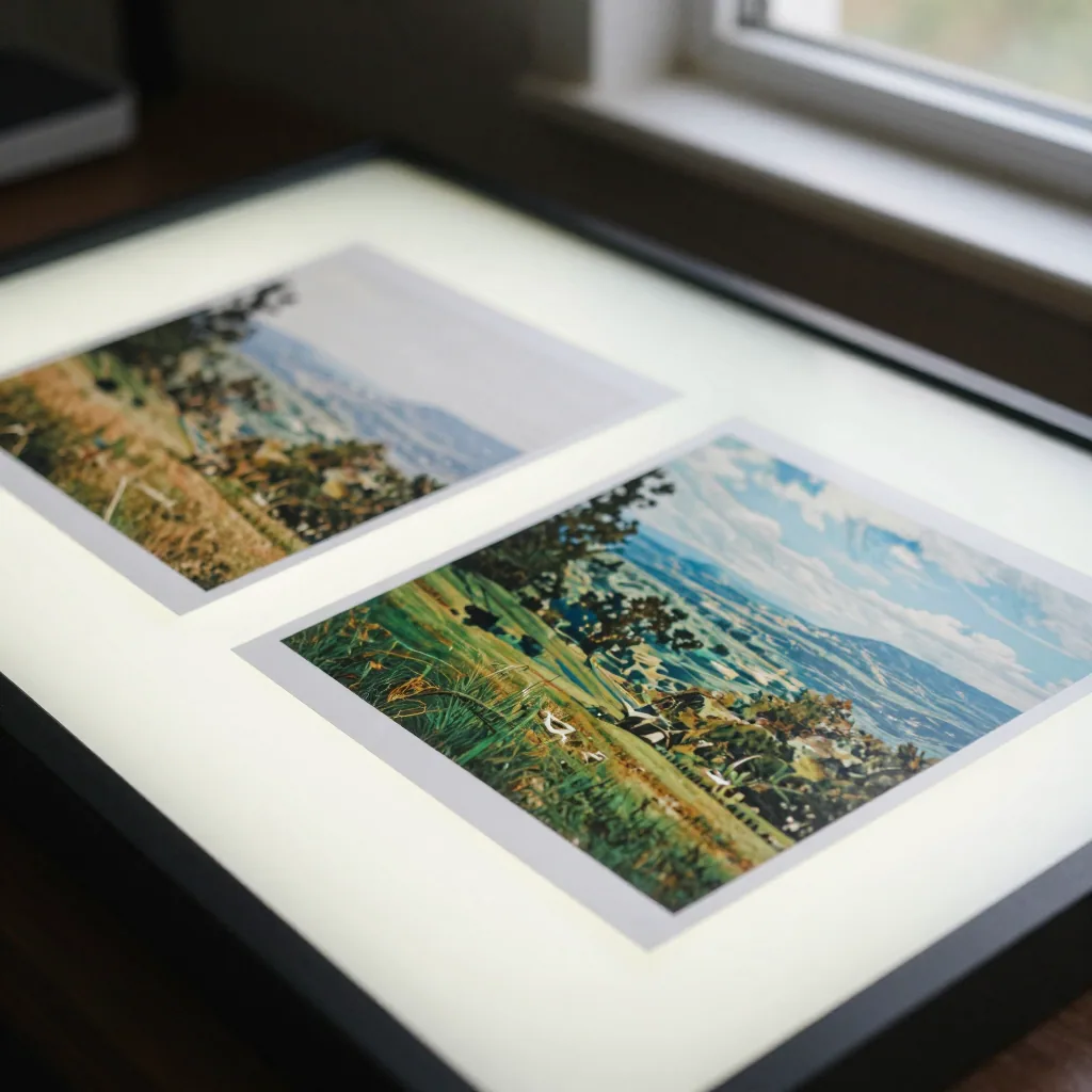 Side-by-side physical prints of the same landscape, one soft and faded, one vivid and crisp, laid on a light table under even white glow