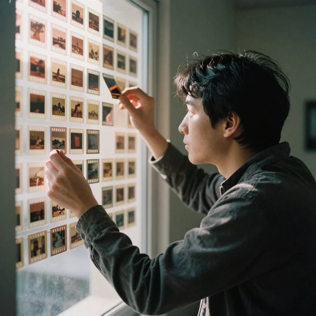 A cinematographer inspecting a strip of film held up to a window, squinting at the frames, sunlight streaming through the transparent negati