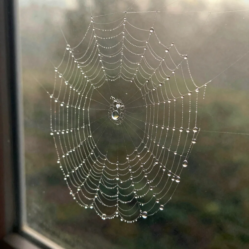 Ultra-detailed macro of a dewdrop on a spider web at dawn, refracted colors and tiny reflections, every thread in perfect focus