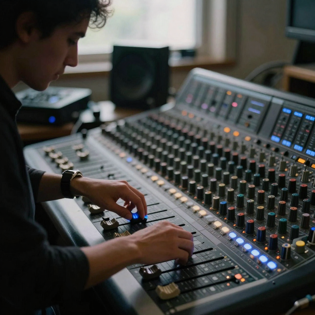 A sound designer in a dim studio slowly turning a large mixing-console fader, fingertips lit by soft blue channel lights