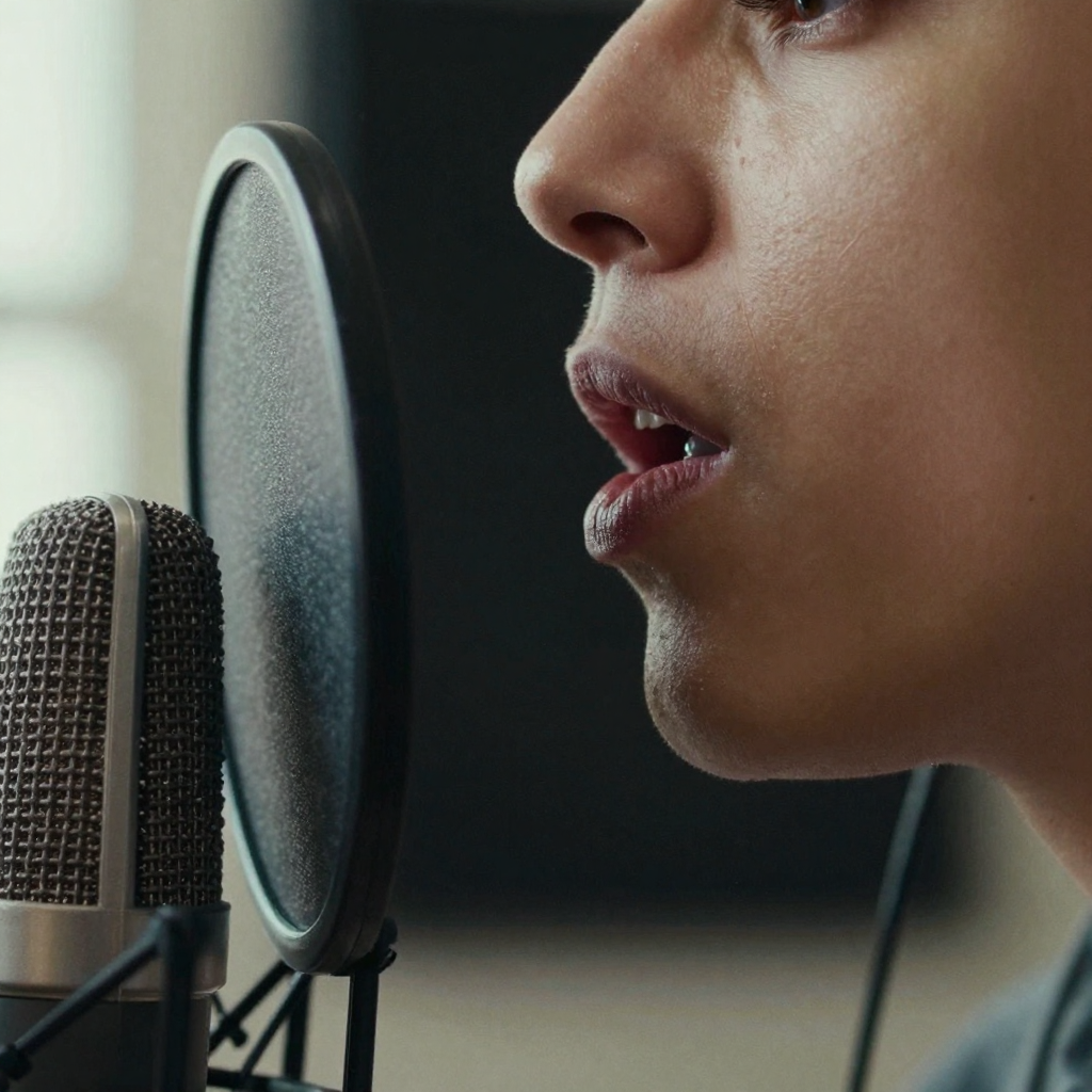 Close-up of a person's lips and jaw at a foam-covered studio microphone, mid-exhale, catchlight on the pop shield, shall