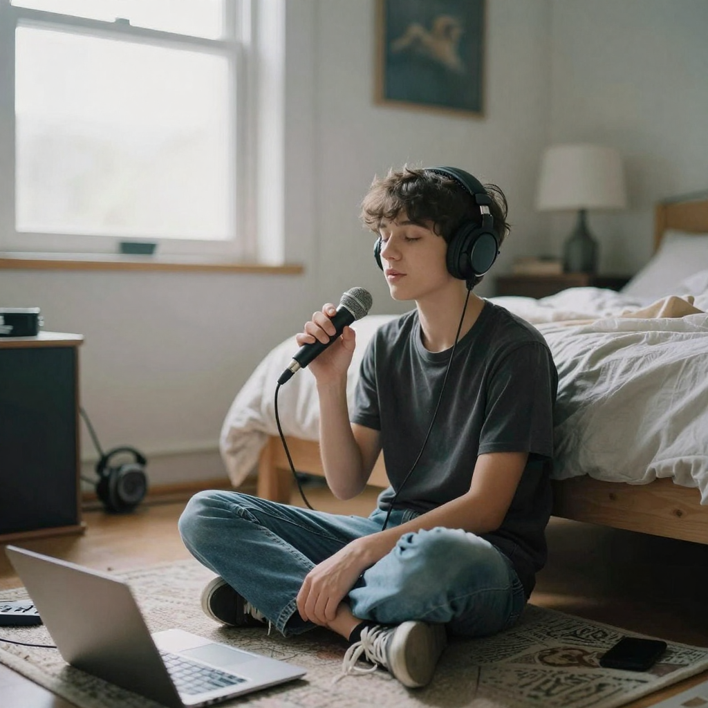 A young creator sitting cross-legged on a rug wearing headphones, eyes shut in concentration, humming into a handheld mi