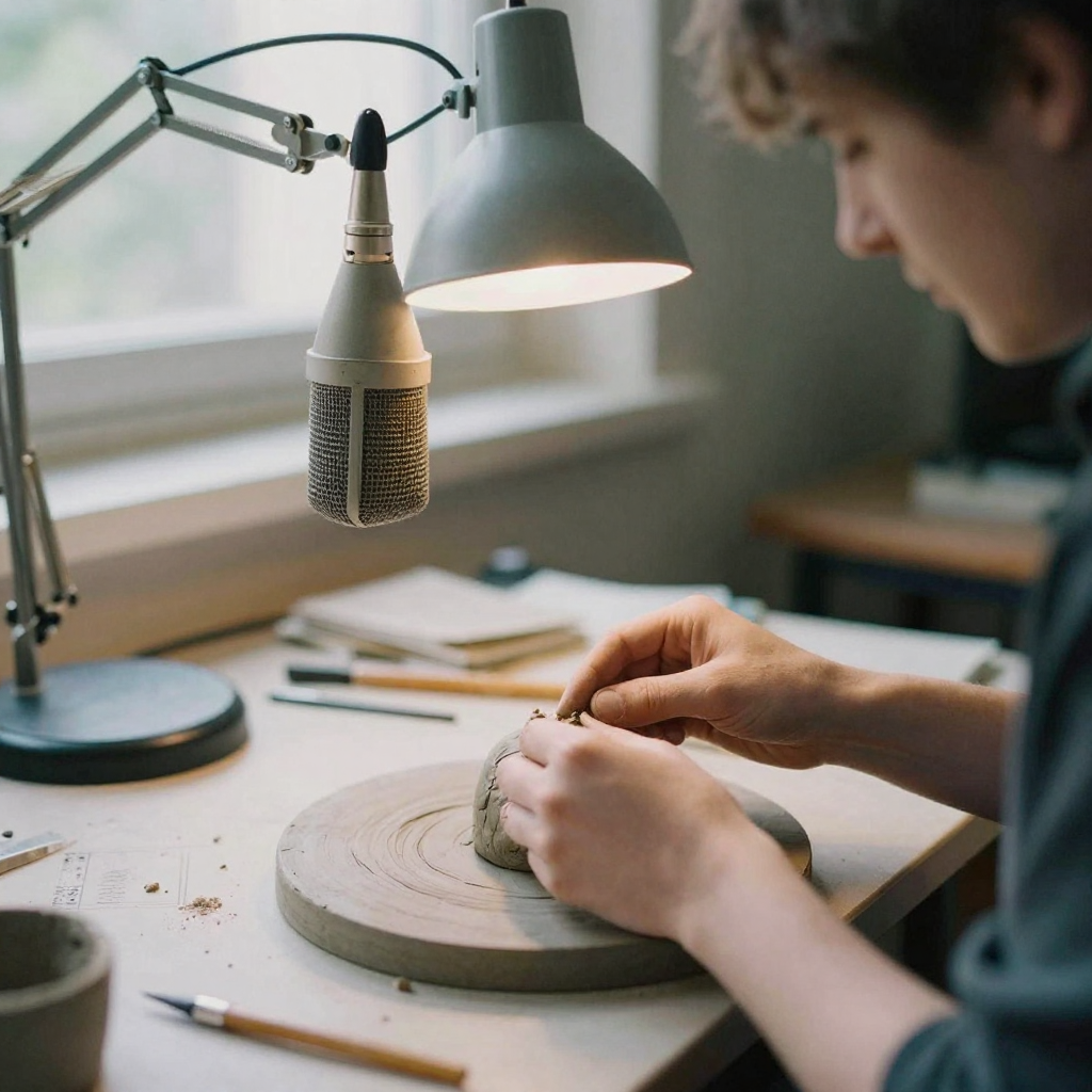 An audio artist's hands sculpting a lump of soft clay on a workbench beside a suspended microphone, symbolizing shaping