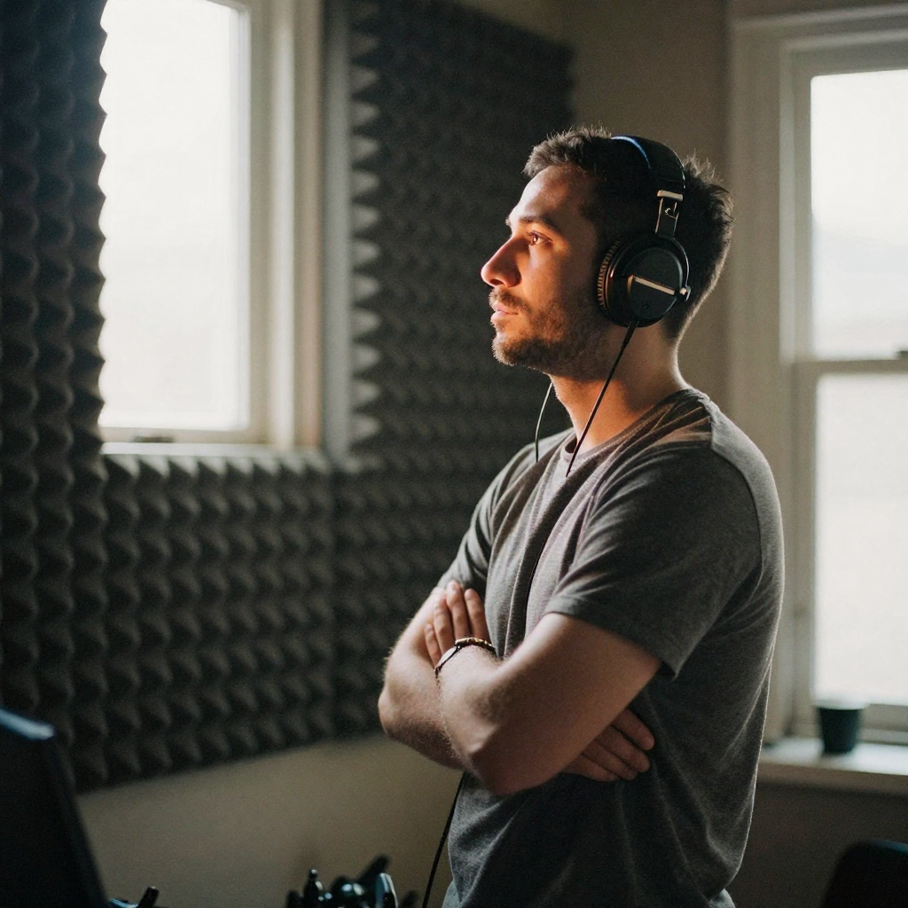 A recording engineer standing before a wall of foam acoustic panels, arms crossed, listening intently through headphones