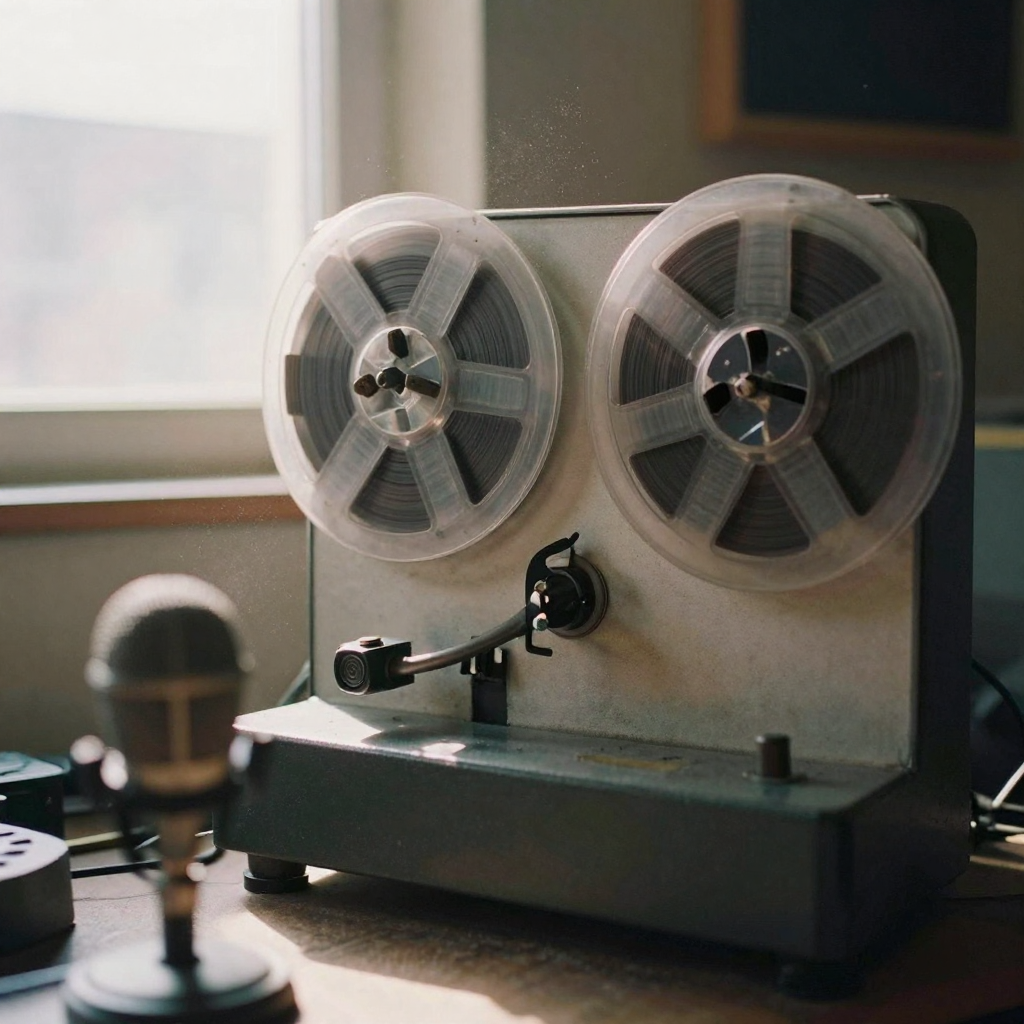 A vintage tape reel spinning on a reel-to-reel machine in a warmly lit studio, a microphone in the soft-focus foreground