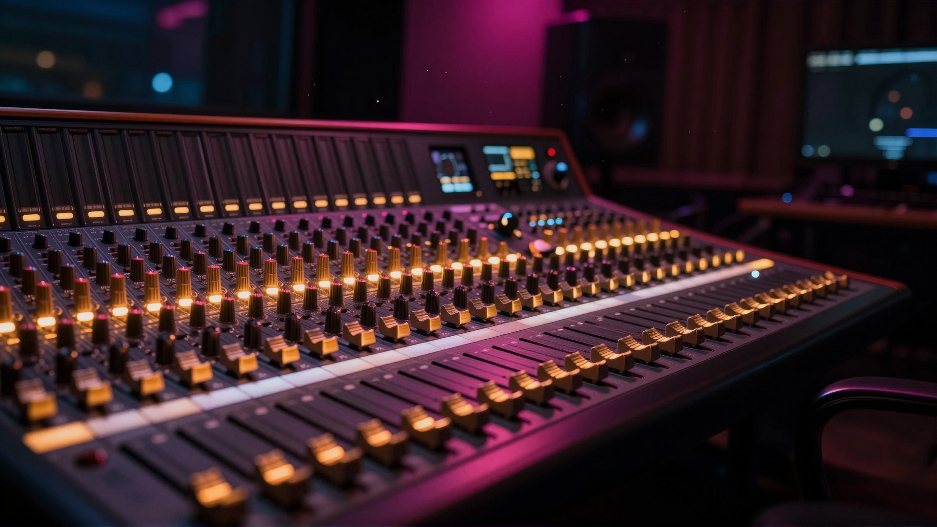 A high-end music recording studio bathed in warm neon light