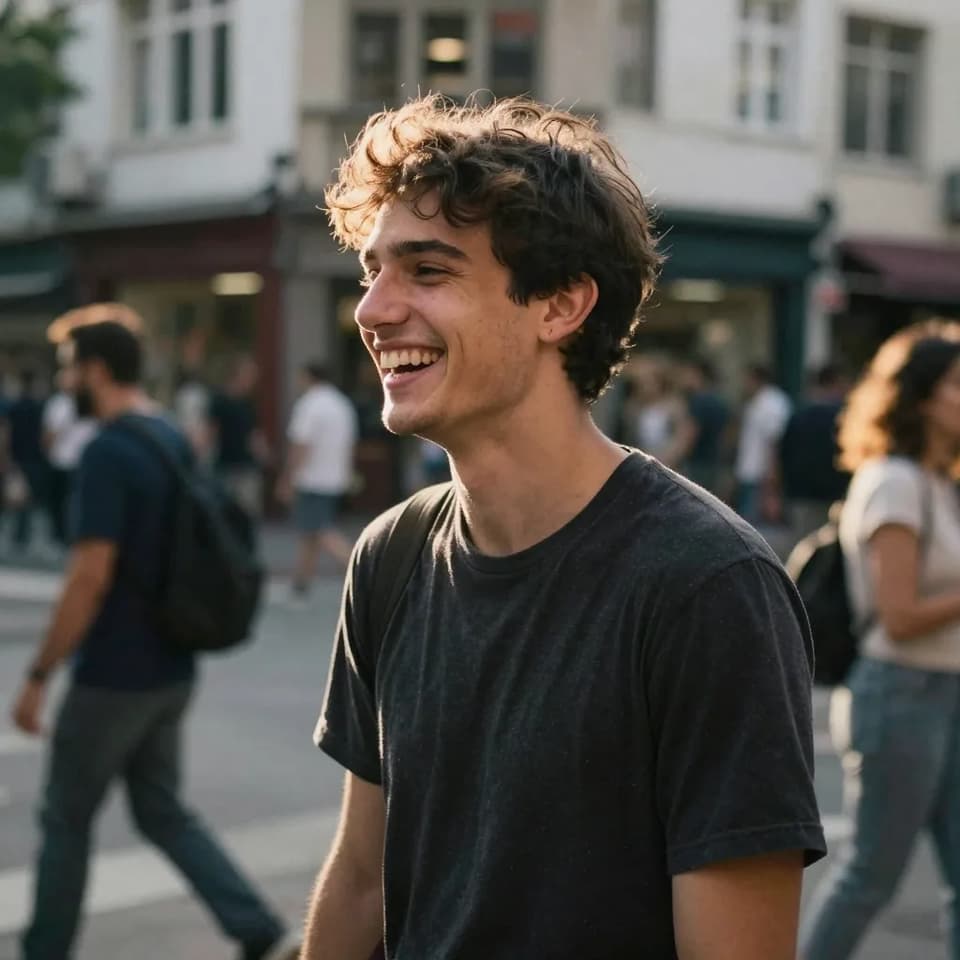 A candid portrait of a young man laughing on a bustling street corner at golden hour, slight motion blur in passersby, natural skin texture