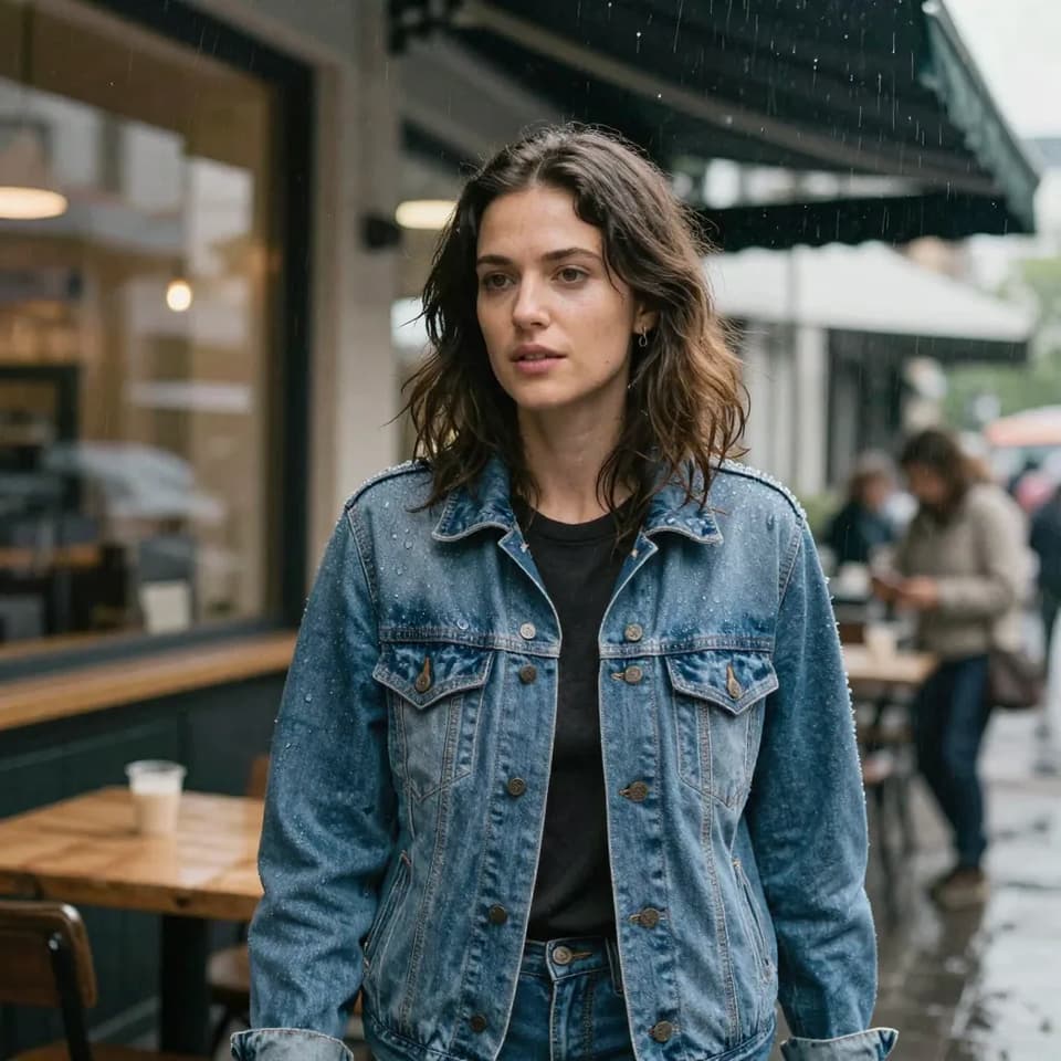 A woman in a rain-flecked denim jacket standing under a café awning, real water droplets on her shoulders, overcast diffused daylight, authe