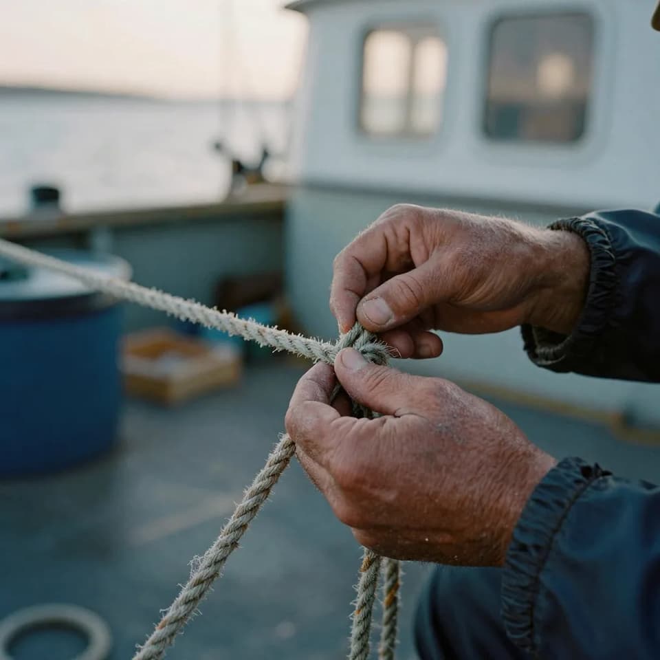Close-up of a weathered fisherman's hands mending a rope on a harbor dock, salt-crusted knuckles and pores visible, cool morning coastal lig