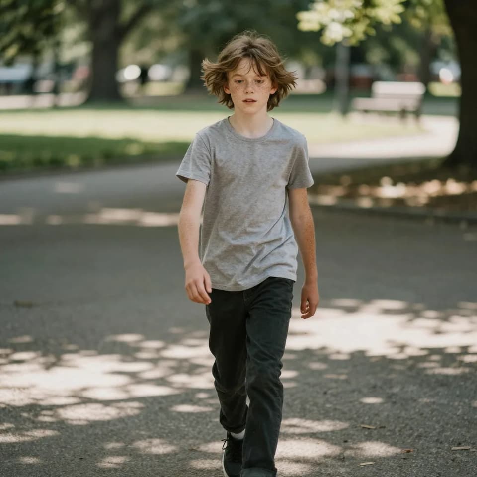 A freckled teenager mid-stride crossing a sunlit park, imperfect windblown hair and a genuine unposed expression, soft dappled shade from ov