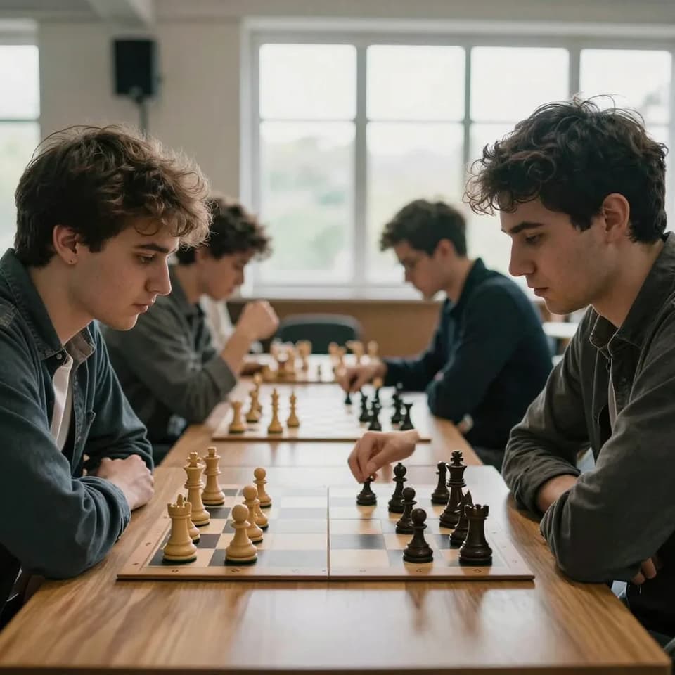Two chess grandmasters facing each other across a board in a hushed tournament hall, hands hovering over pieces, focused expressions, dramat