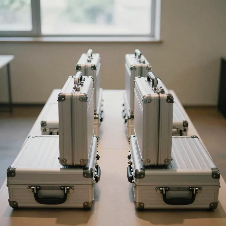 A row of identical closed silver briefcases lined up on a long table under gallery lighting, symmetrical composition suggesting side-by-side