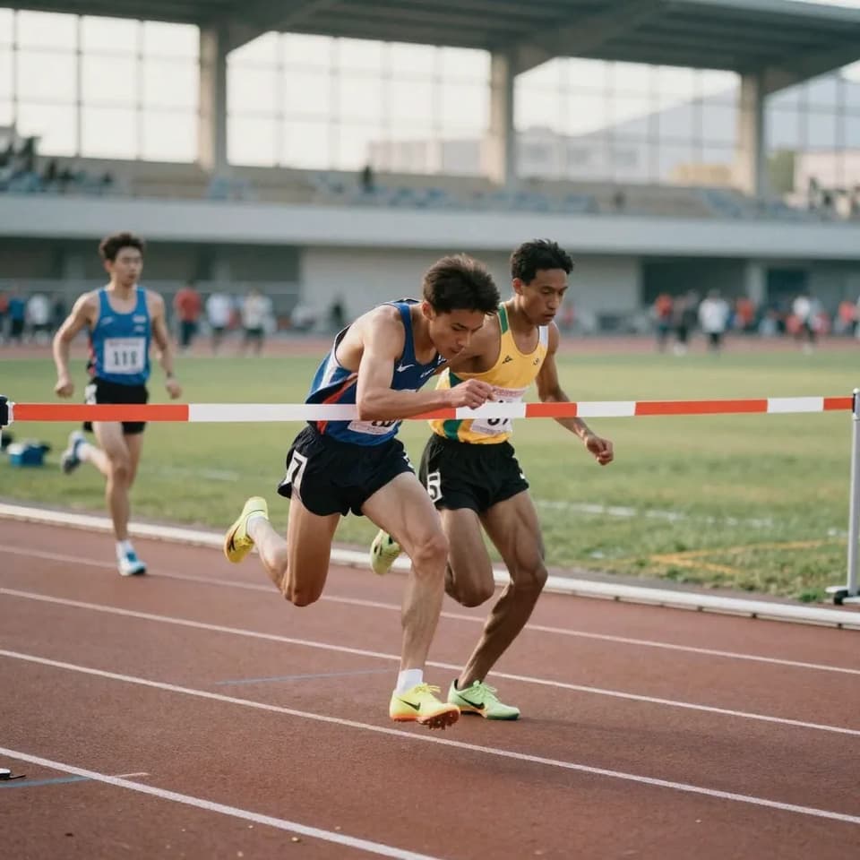 Two runners in a photo-finish sprint crossing a track finish line neck and neck, muscles taut, bright stadium daylight and motion blur