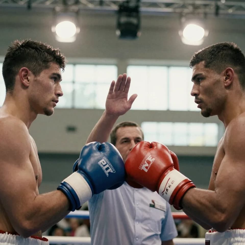 A referee's raised hand between two boxers touching gloves at the center of a ring, tense pre-match standoff, harsh arena spotlights