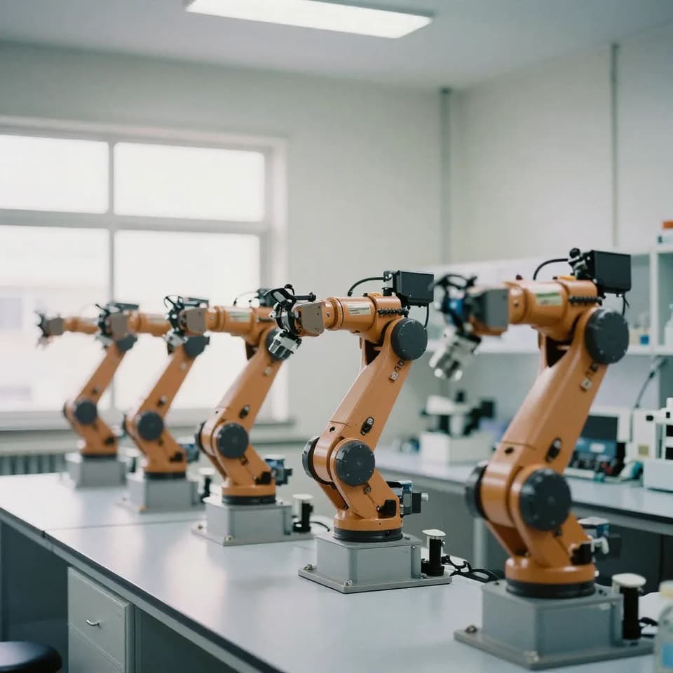 Multiple identical robotic arms poised in a clean laboratory, arranged in a neat row facing forward, cool blue-white overhead light, minimal